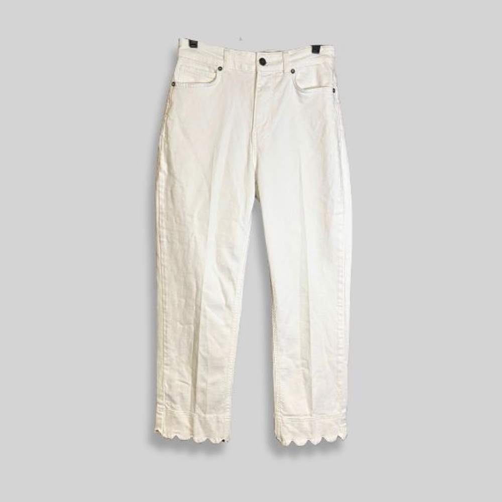 Wyse London Harper Straight Leg Jeans Scalloped Hem Mid Rise Cropped White W 2R